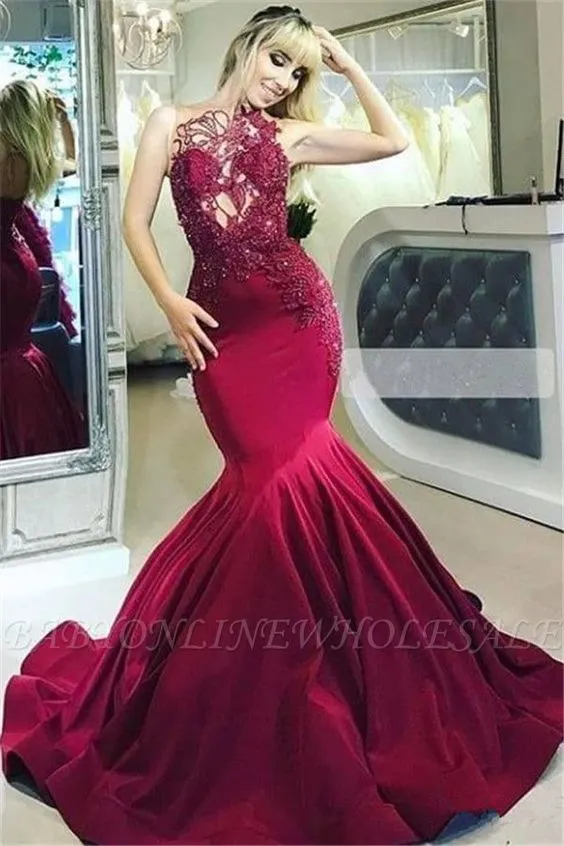 burgundy lace applique evening dresses long beaded elegant modest evening gown vestido de fiesta