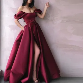 Burgundy prom dresses 2020 off the shoulder simple satin elegant prom gown vestido de Longo