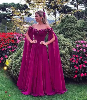 burgundy prom dresses off the shoulder 3d flowers cheap chiffon prom gown robe de soiree 2020