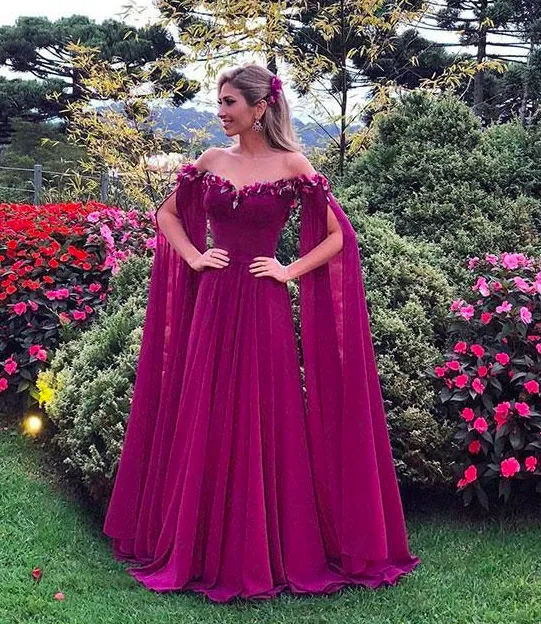 burgundy prom dresses off the shoulder 3d flowers cheap chiffon prom gown robe de soiree 2020