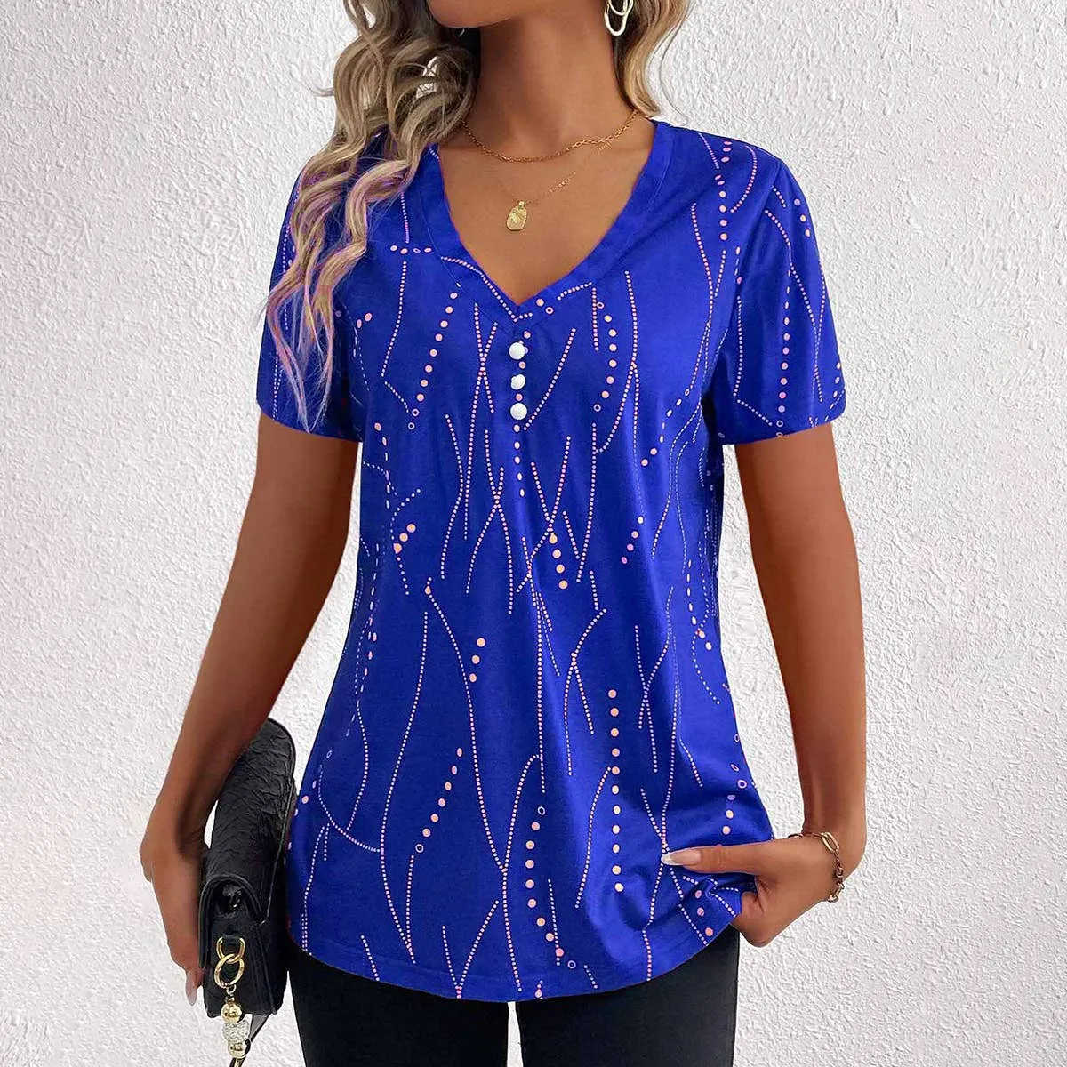 BUTTON DOT V-NECK SHORT-SLEEVED BLOUSE_CWTBLS0939