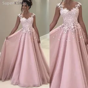 cap sleeve pink prom dresses ball gown 2020 vestido de festa de Long elegant lace appliqué prom gown vestido de Longo