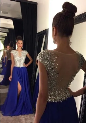 cap sleeve prom dresses long tulle royal blue crystals beaded sheer back prom gown with side slit