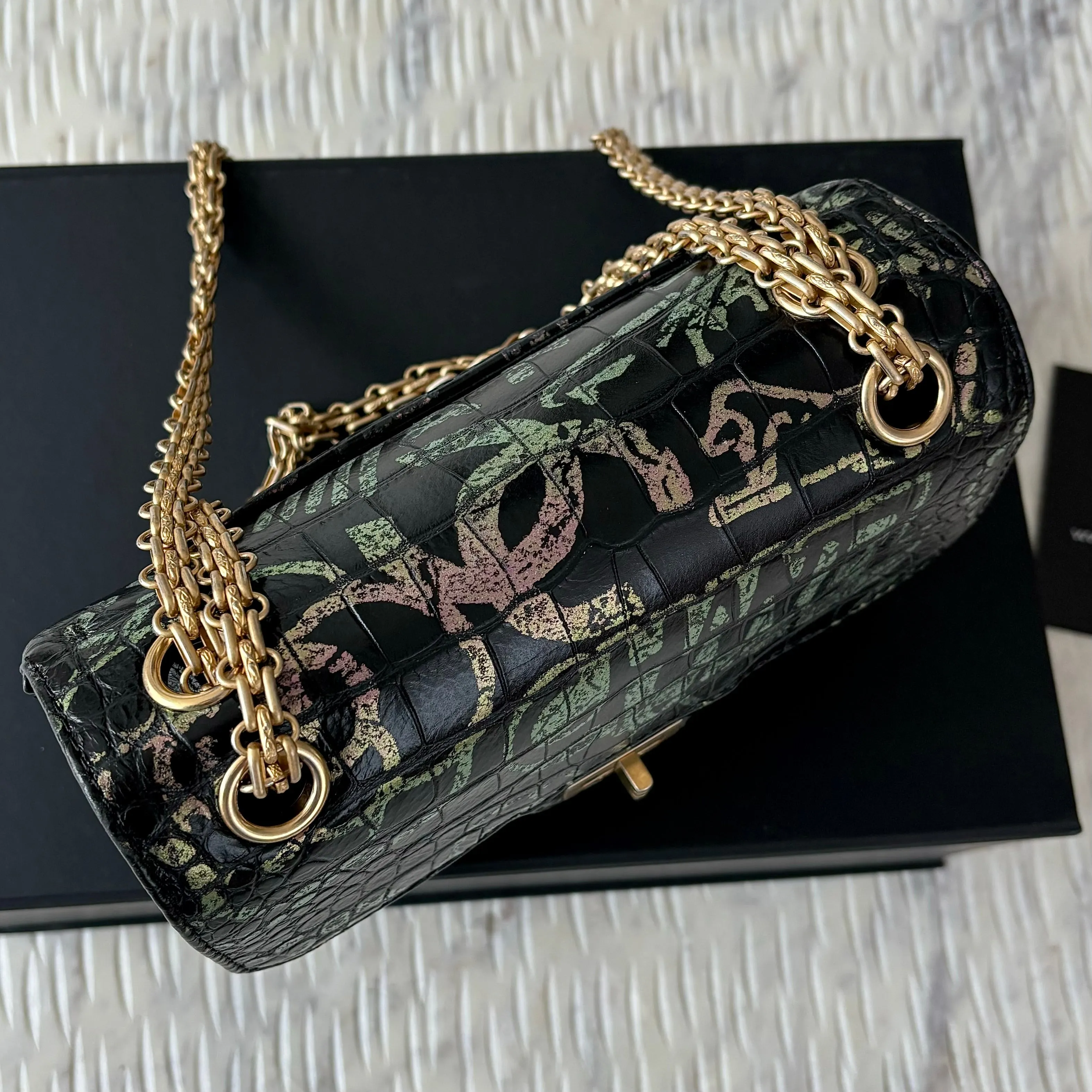 CHANEL Calfskin Crocodile Embossed Graffiti 2.55 Mini Cocodile Reissue Flap Black Pink Green