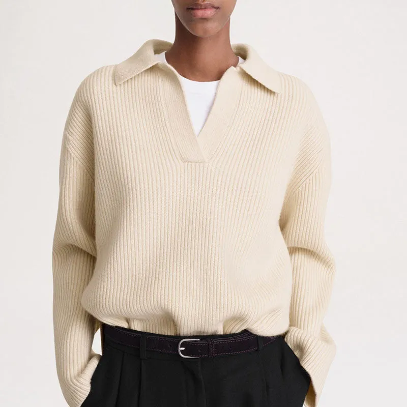 College Style Collared V Neck Long Sleeve Ribbed Knit Oversized Cashmere Sweater