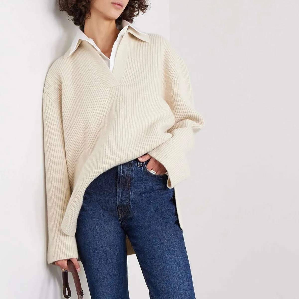 College Style Collared V Neck Long Sleeve Ribbed Knit Oversized Cashmere Sweater