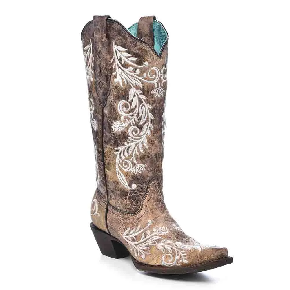 Corral Glow-in-the-Dark Brown/ White Embroidery Boots