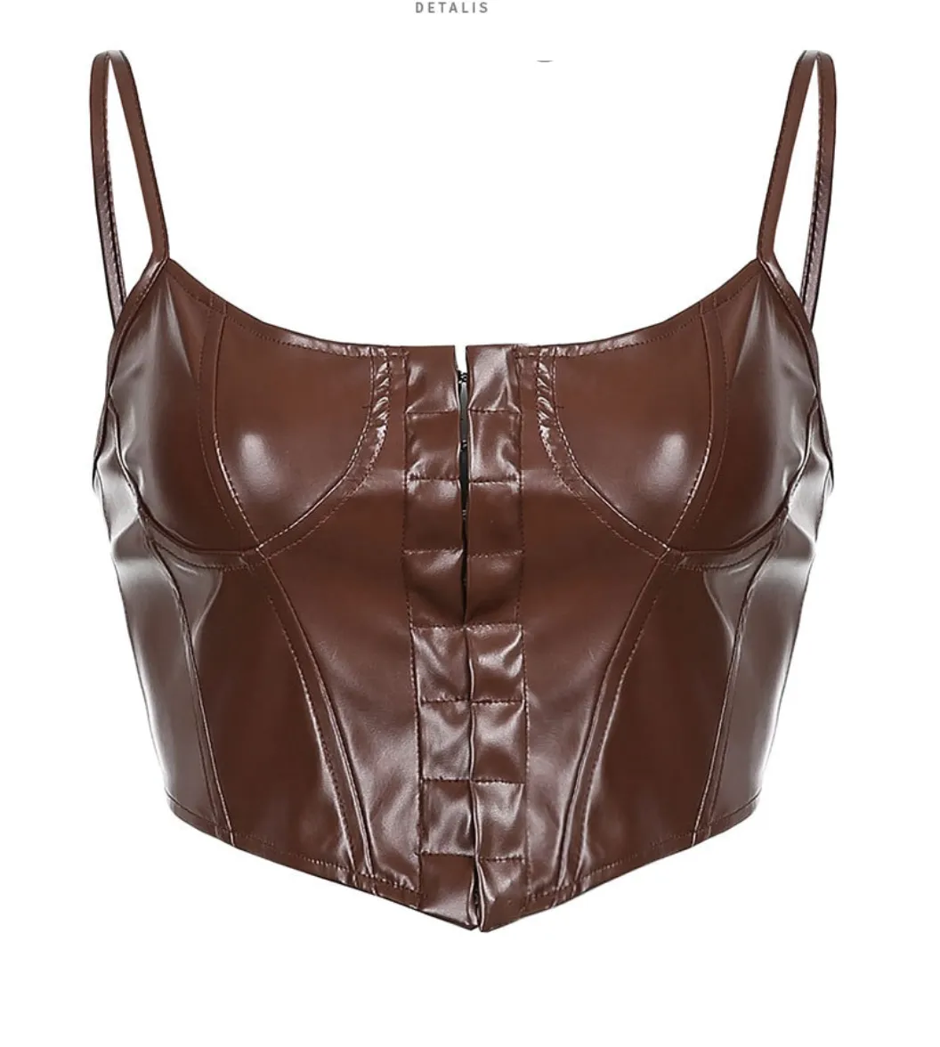 CORSET 'LEATHER QUEEN' BROWN - Corset top maro din piele cu inchidere in fata