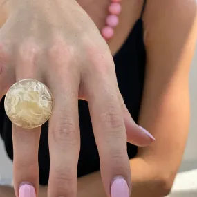 Cream White Marbled Vintage Lucite Silver Cocktail Ring