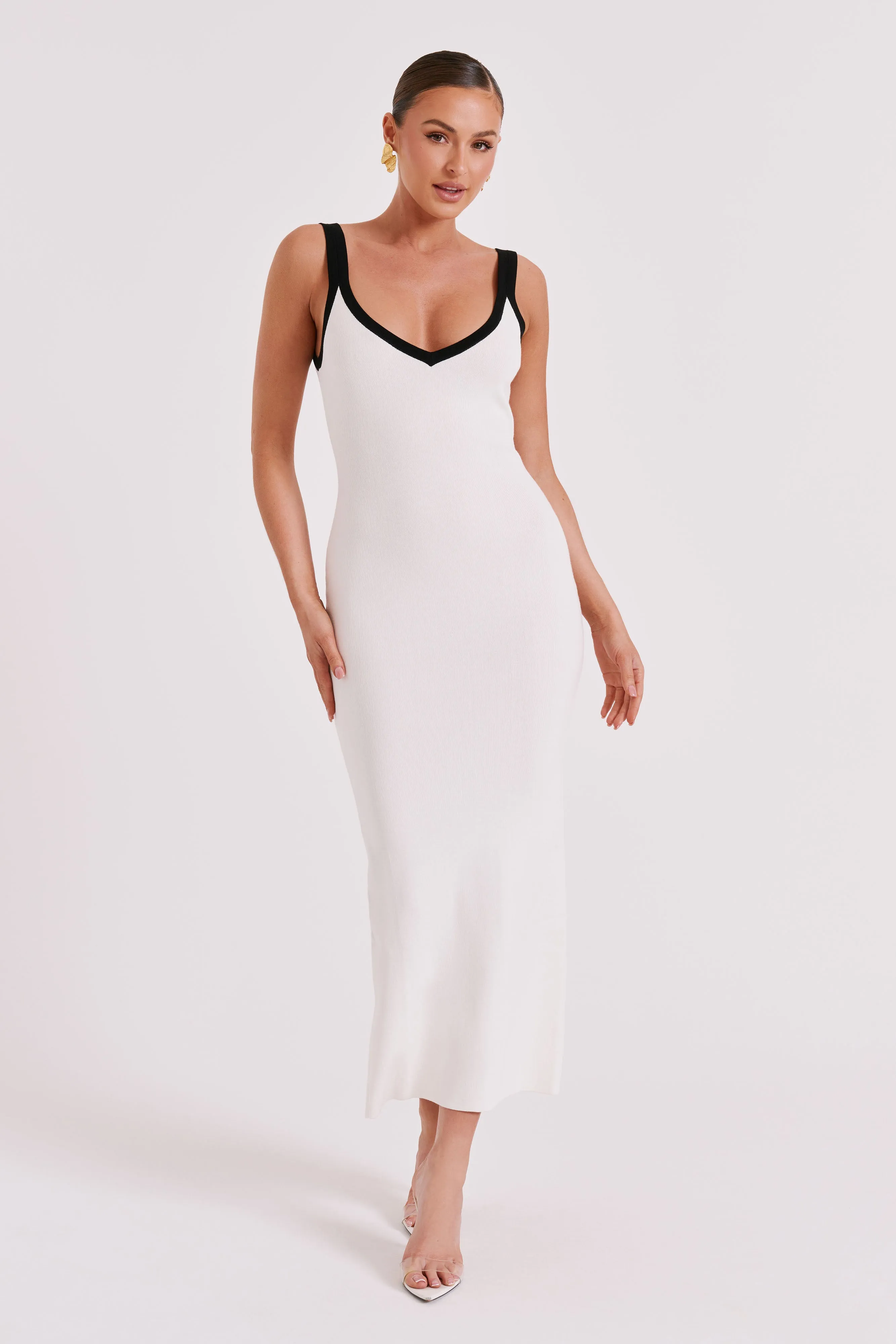 Debbi Contrast Knit Midi Dress - White