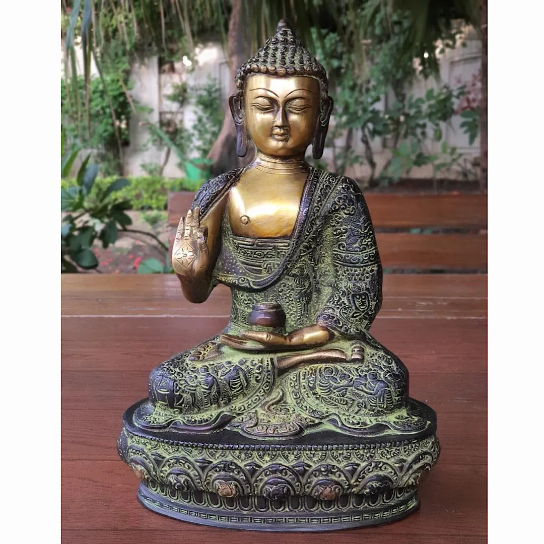 Designer Lord Buddha Idol - Brass Green Sand Finish - Religious - Decorative