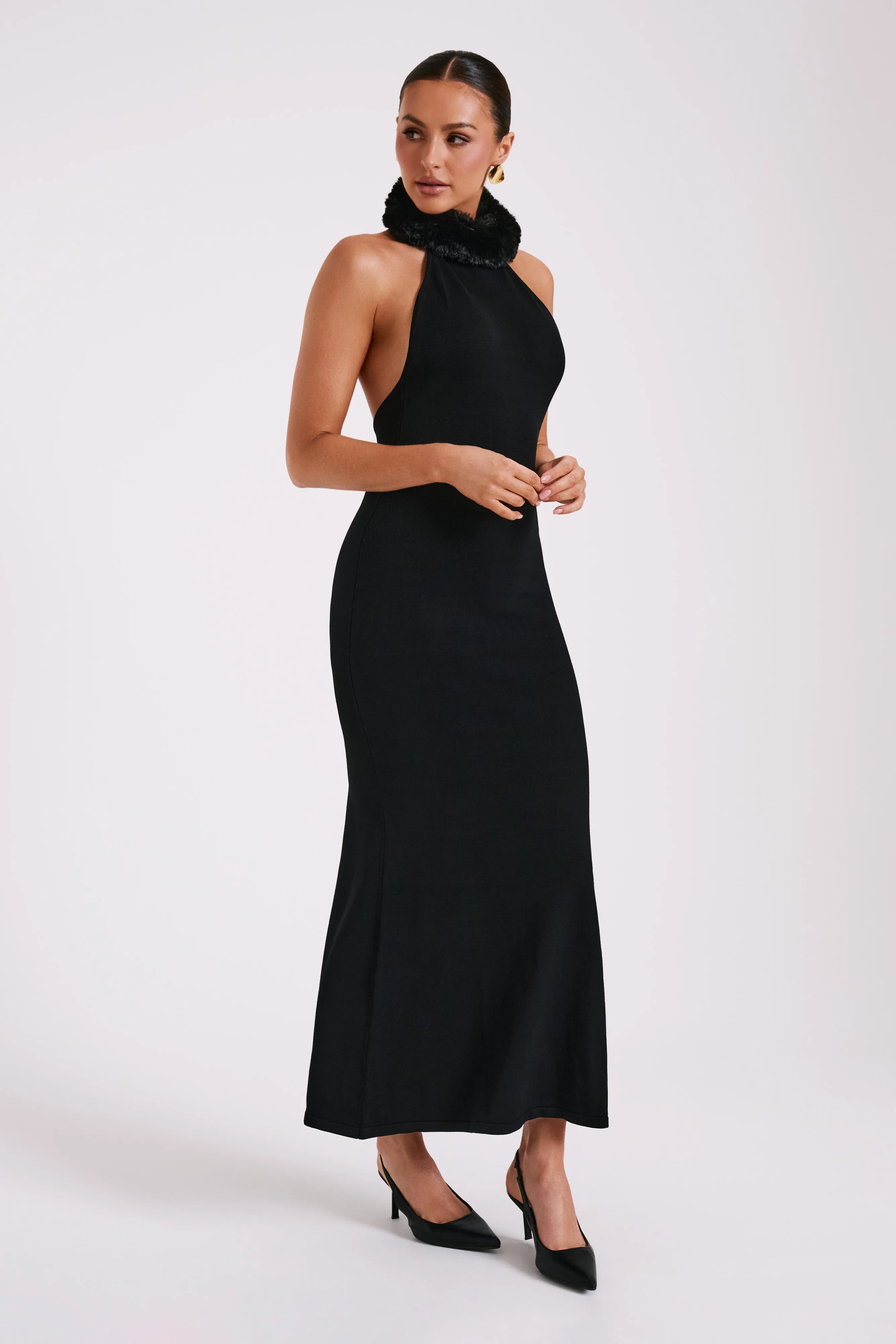 Elva Halter Knit Maxi Dress With Faux Fur - Black