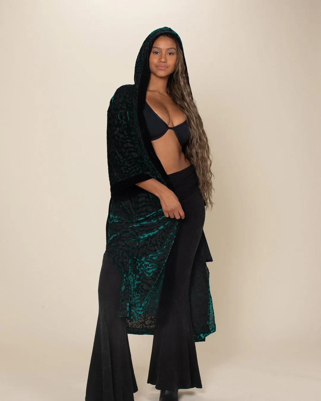 Emerald Tiger Hooded Burnout Velvet Kimono | Women's