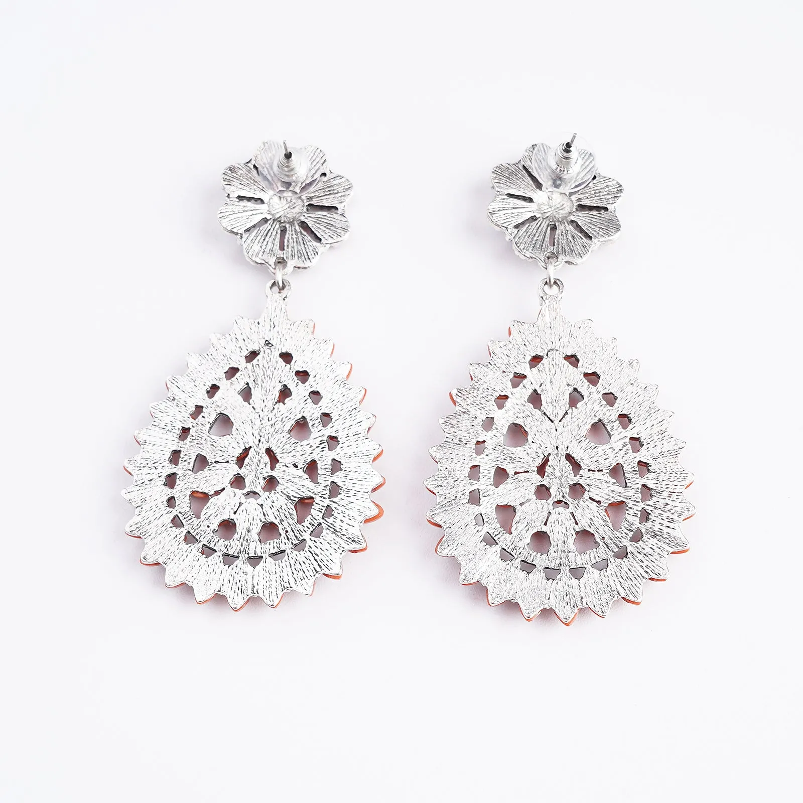 ER221015-03 Silver Base  Orange Stone Flower Blossom  Teardrop Shape Dangling Earring