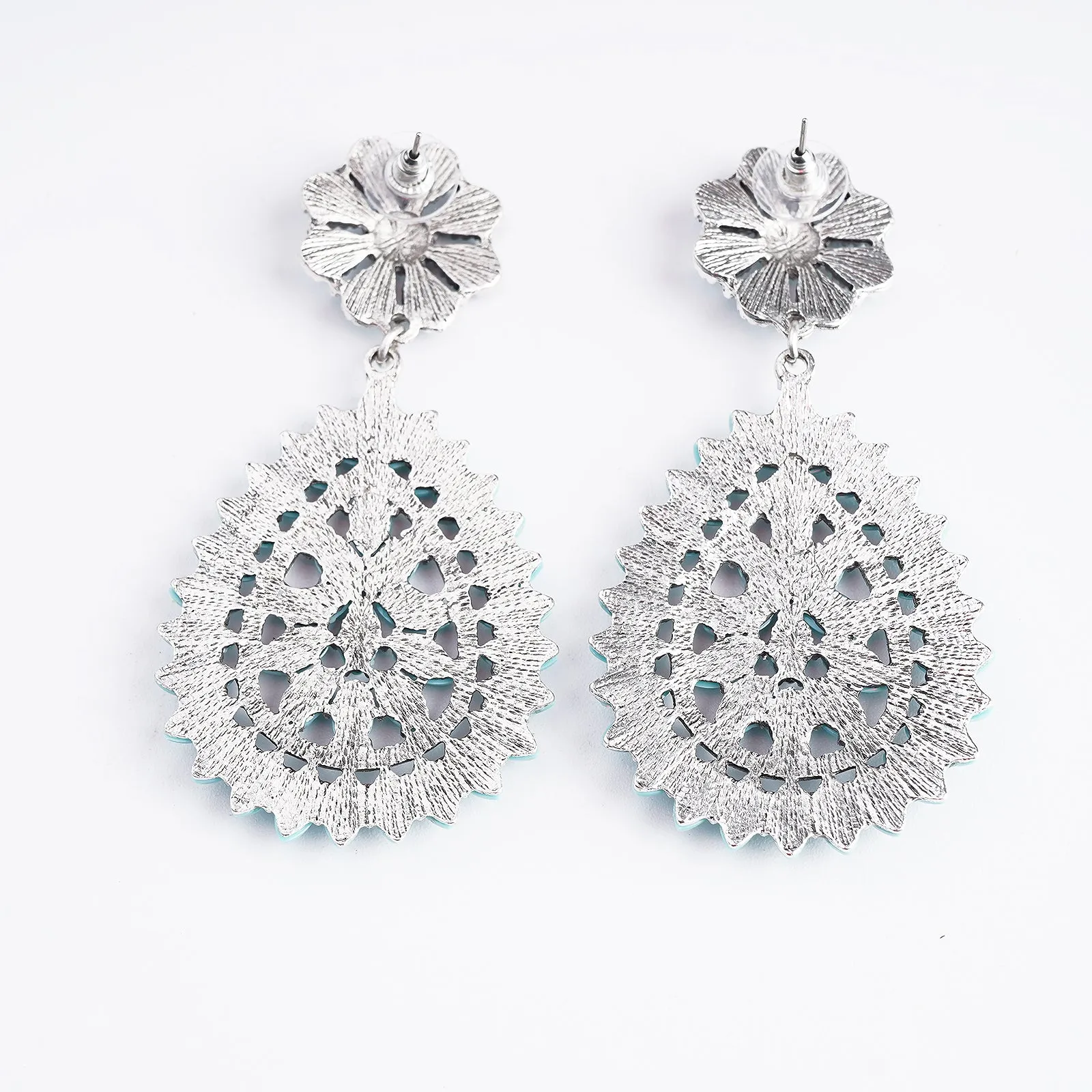 ER221015-03 Silver Base Turquoise stone Flower Blossom Teardrop Shape Dangling Earring