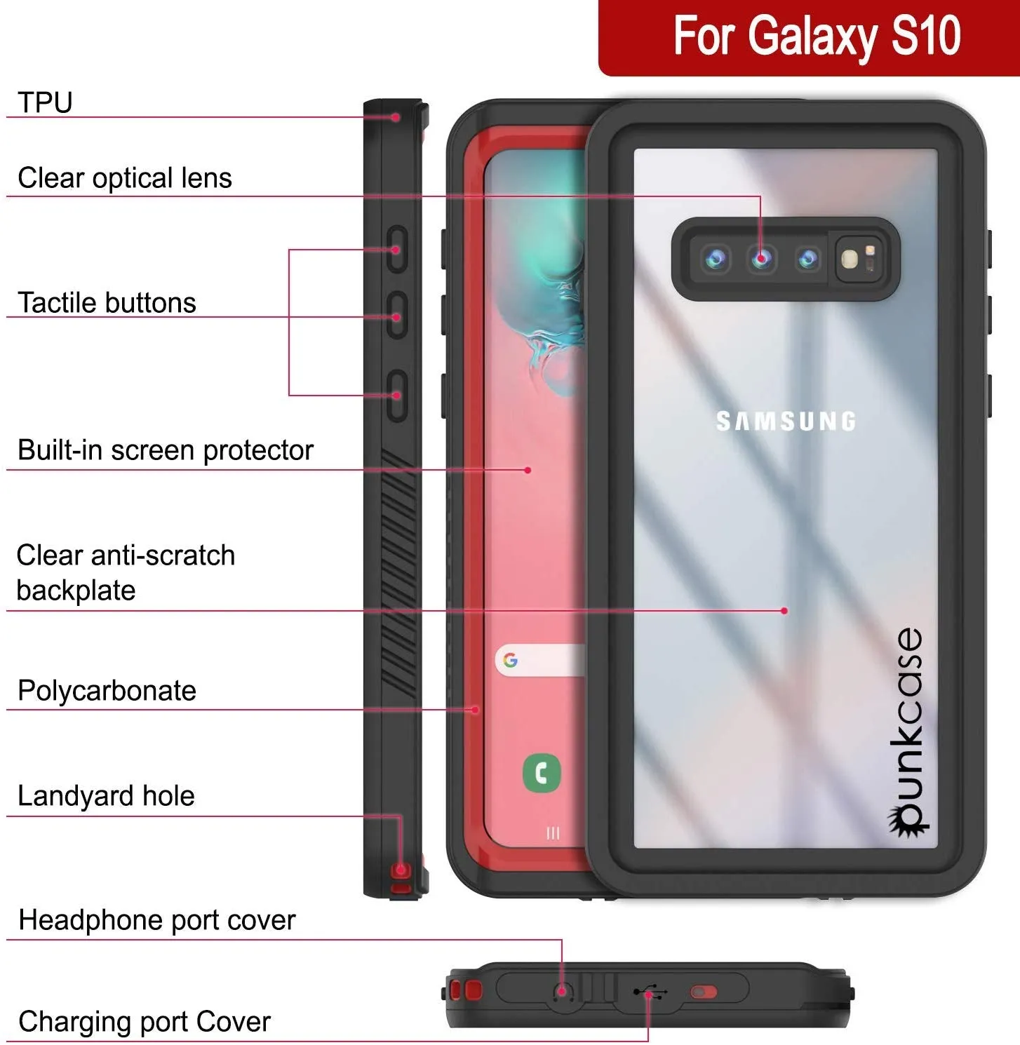 Galaxy S10 Water/Shock/Snowproof Slim Screen Protector Case [Red]