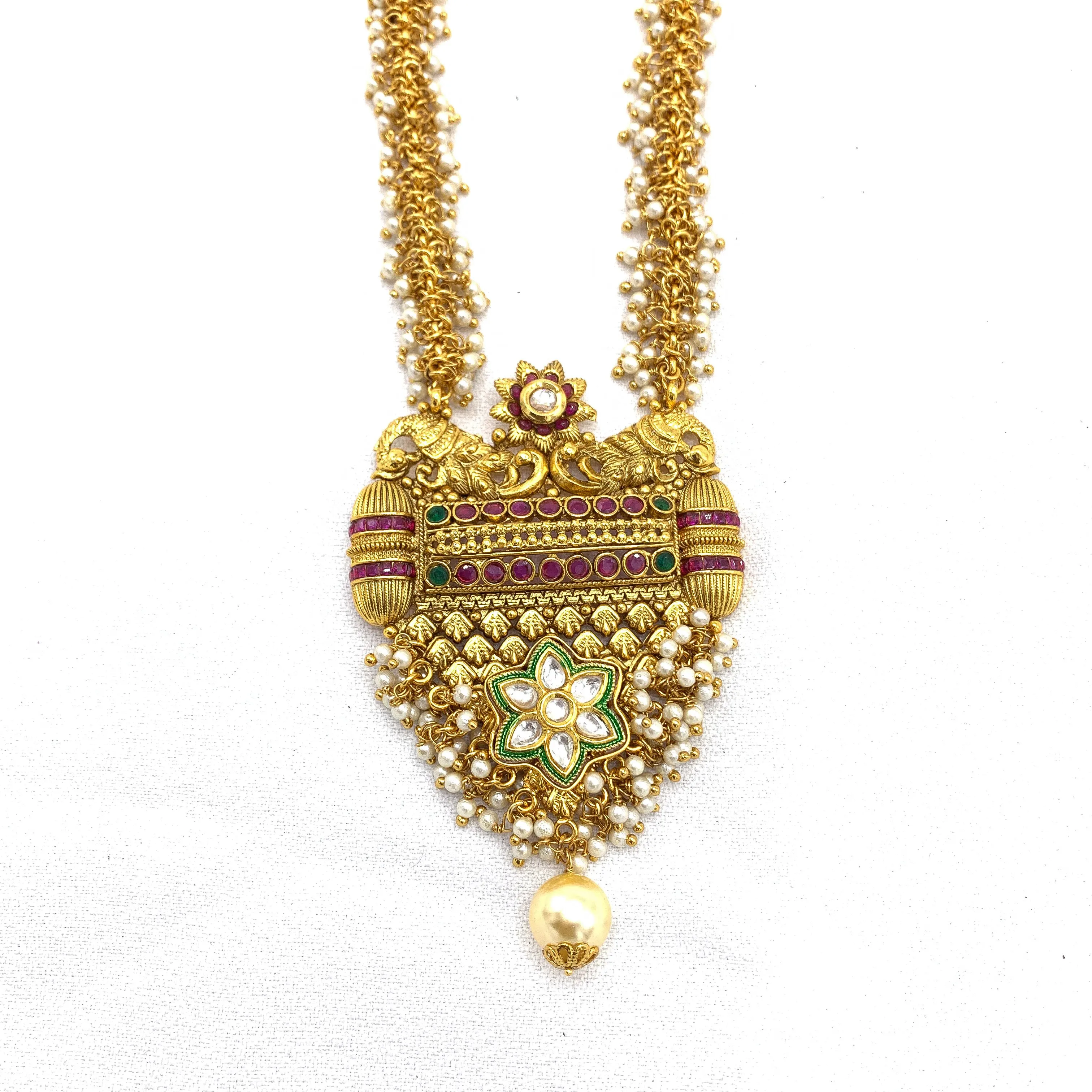 Glamorous Long Antique Necklace with Kundan and Pearls