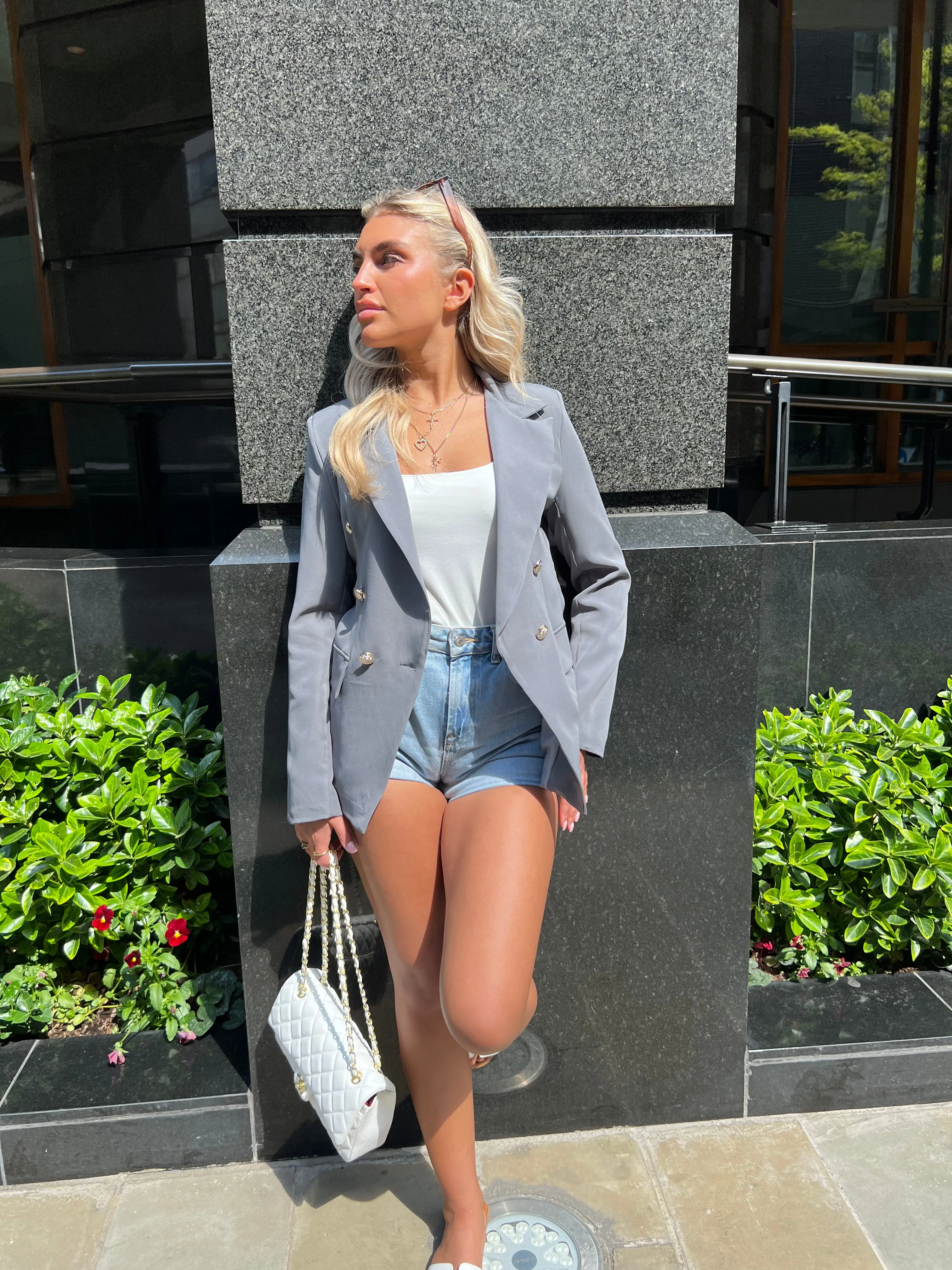 Grey Double Breasted Military Style Blazer