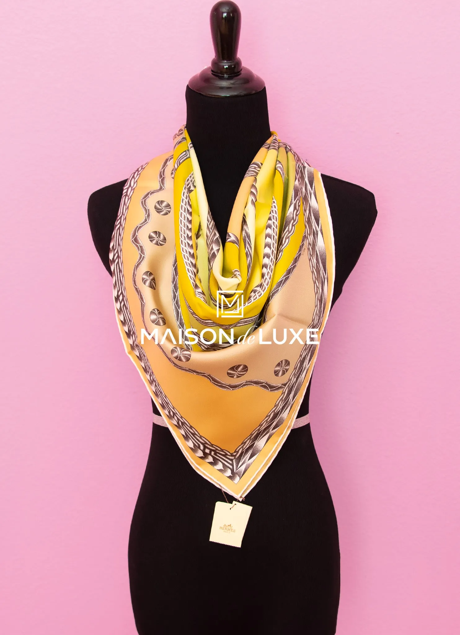 Hermes "Robe du Soir" Yellow Twill Silk 90 cm Scarf