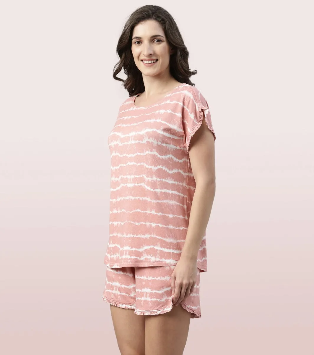 Home Shorts Set | Viscose Printed Ruffled Trim Tee And Shorts Set