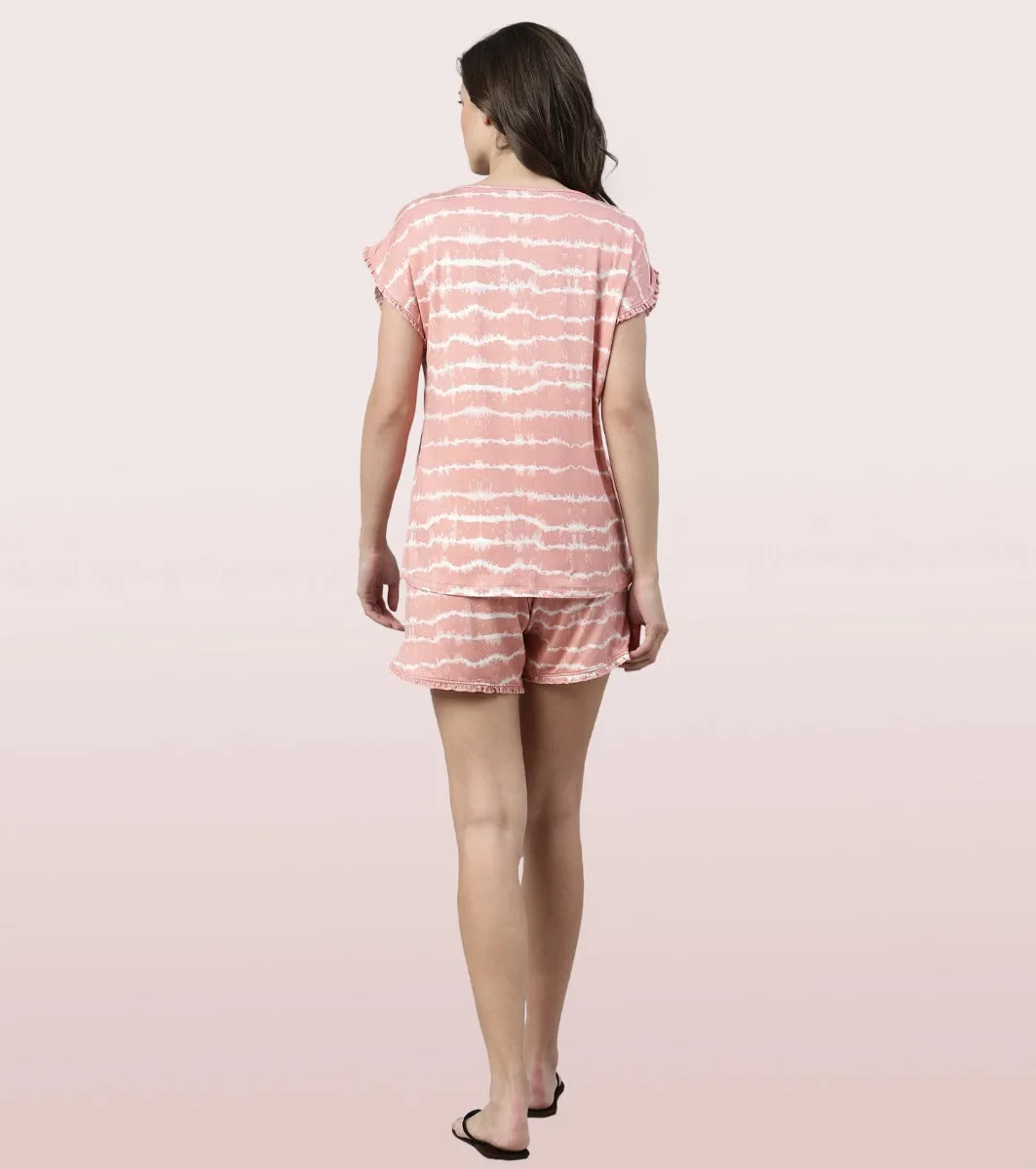 Home Shorts Set | Viscose Printed Ruffled Trim Tee And Shorts Set