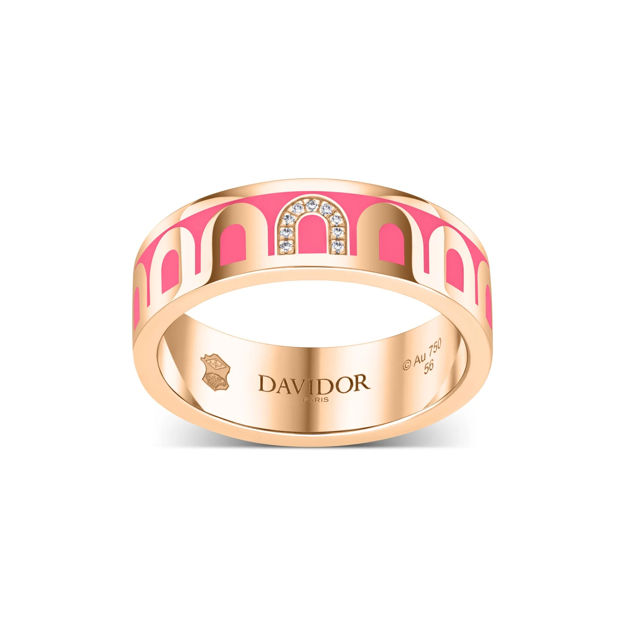 L’Arc de DAVIDOR Ring MM, 18k Rose Gold with Flamant Lacquered Ceramic and Porta Simple Diamonds