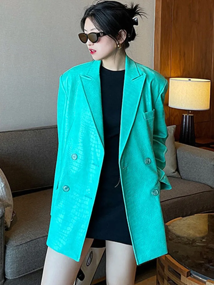 Lautaro Spring Autumn Colored Green Crocodile Print PU Leather Blazer