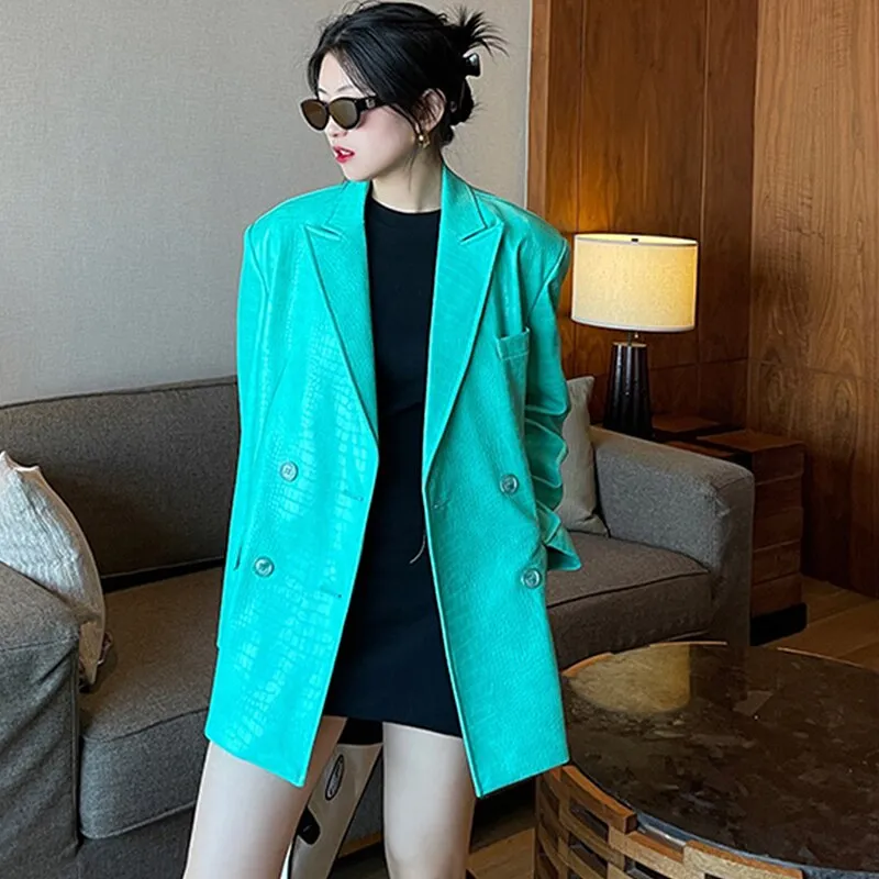 Lautaro Spring Autumn Colored Green Crocodile Print PU Leather Blazer