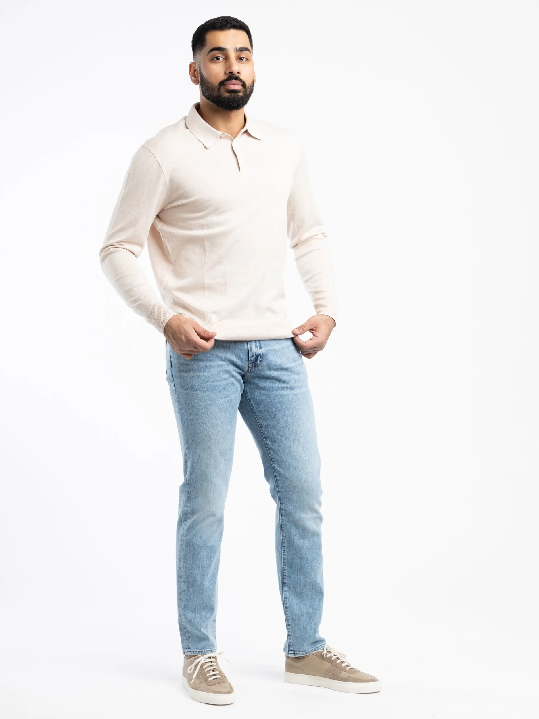 Light Sand Cotton Polo-Collar Sweater