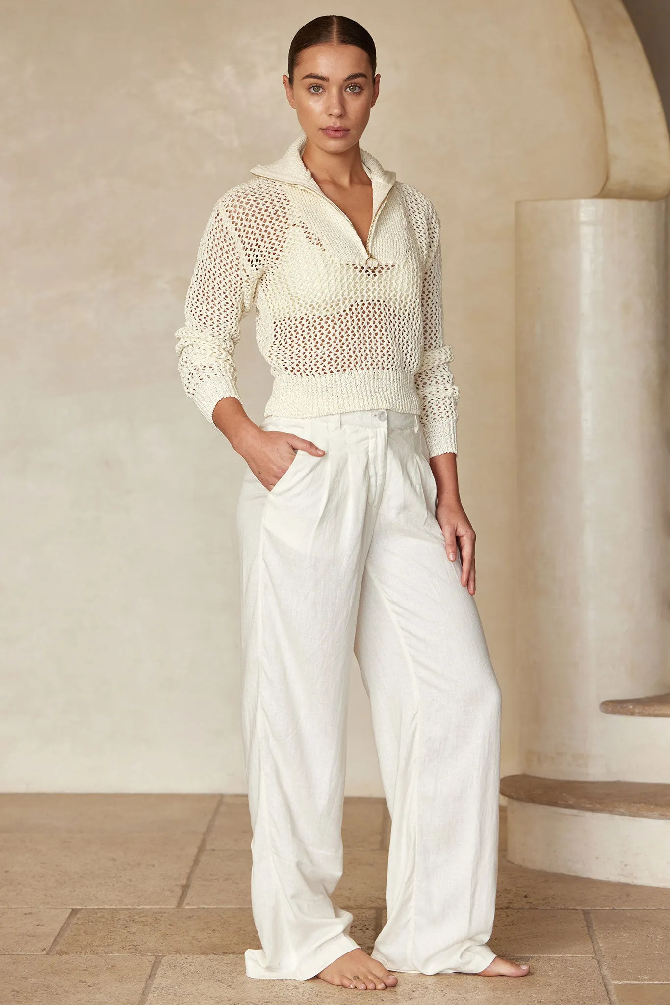 Lisbon Quarter Zip Sweater - Ivory Petit Crochet