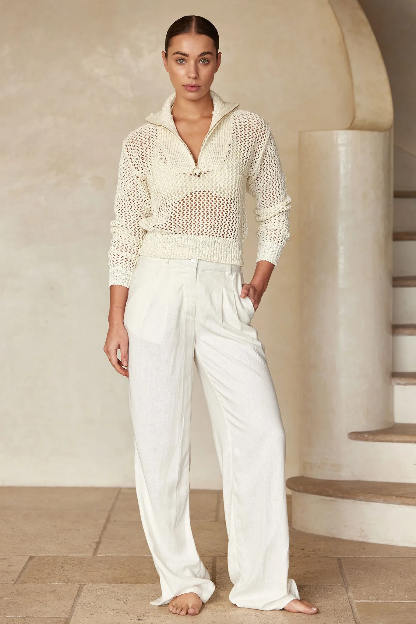 Lisbon Quarter Zip Sweater - Ivory Petit Crochet