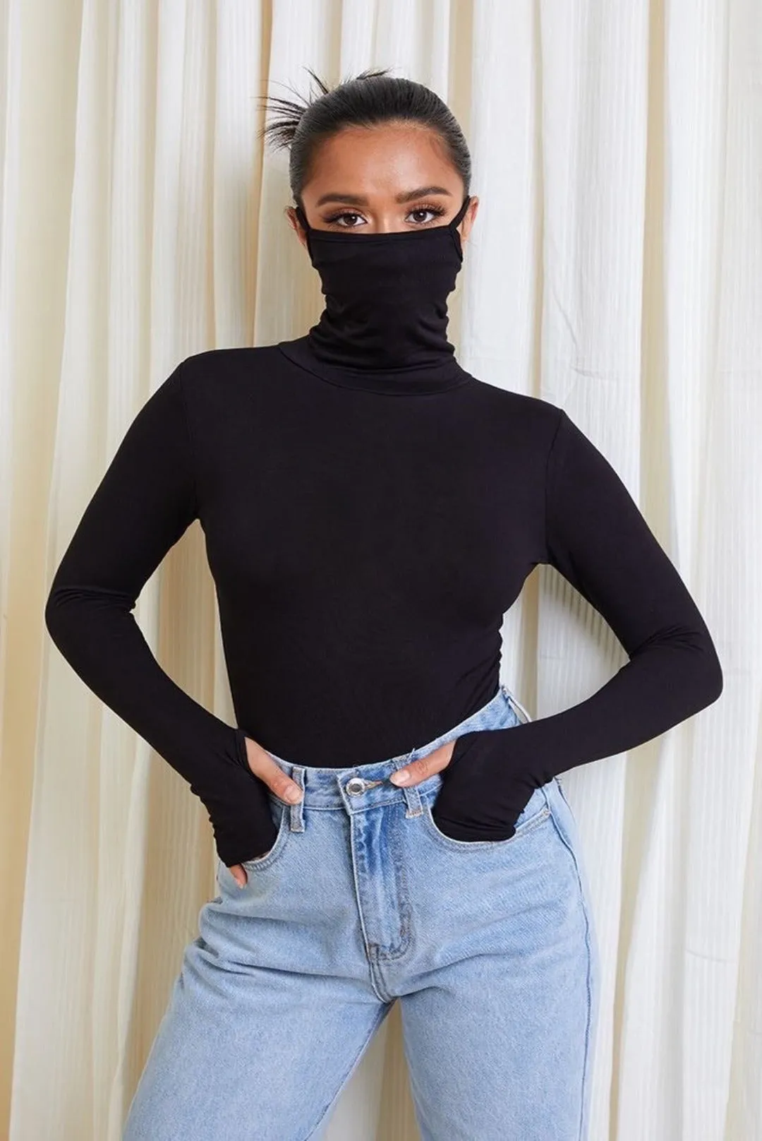 'MASK ON' BODYSUIT - Body dama negru cu masca incorporata