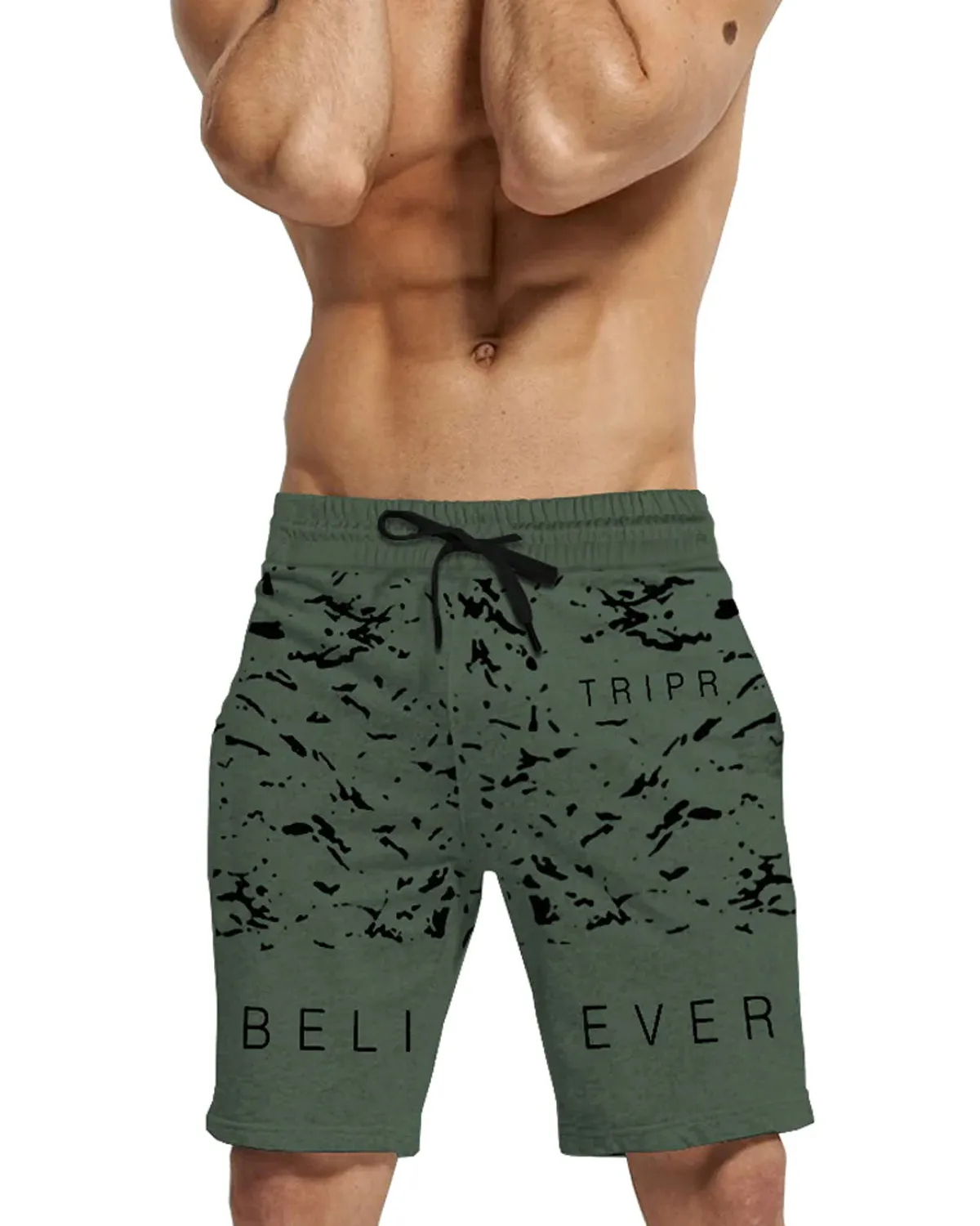 Men Olive Green Printed Regular Shorts