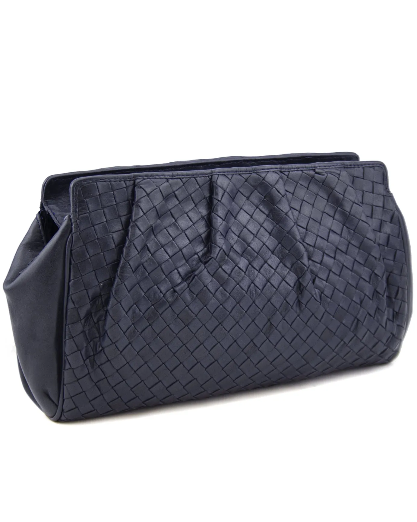 Navy Blue Intrecciato Leather Clutch