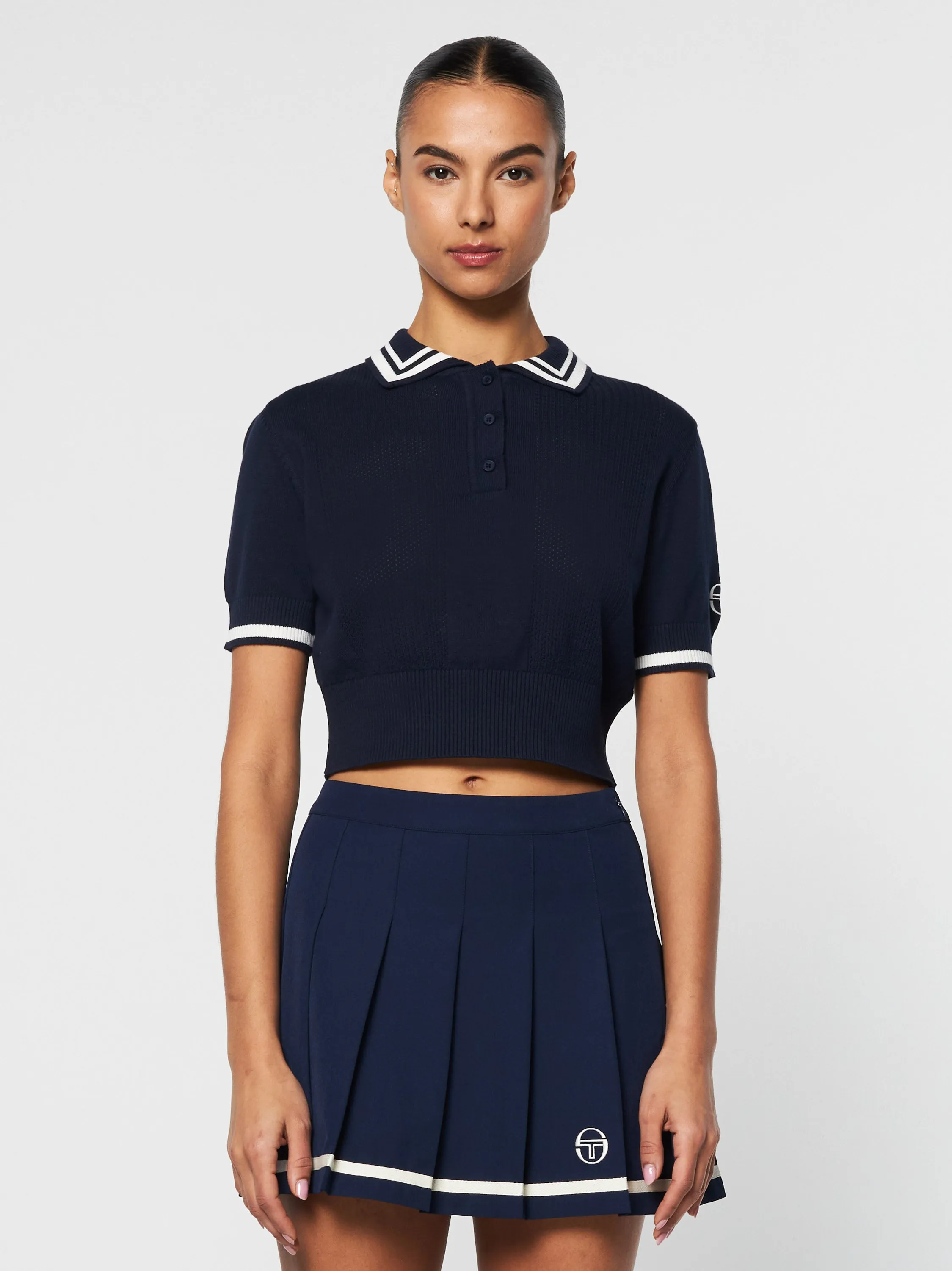 Perla Knit Cropped Polo- Maritime Blue