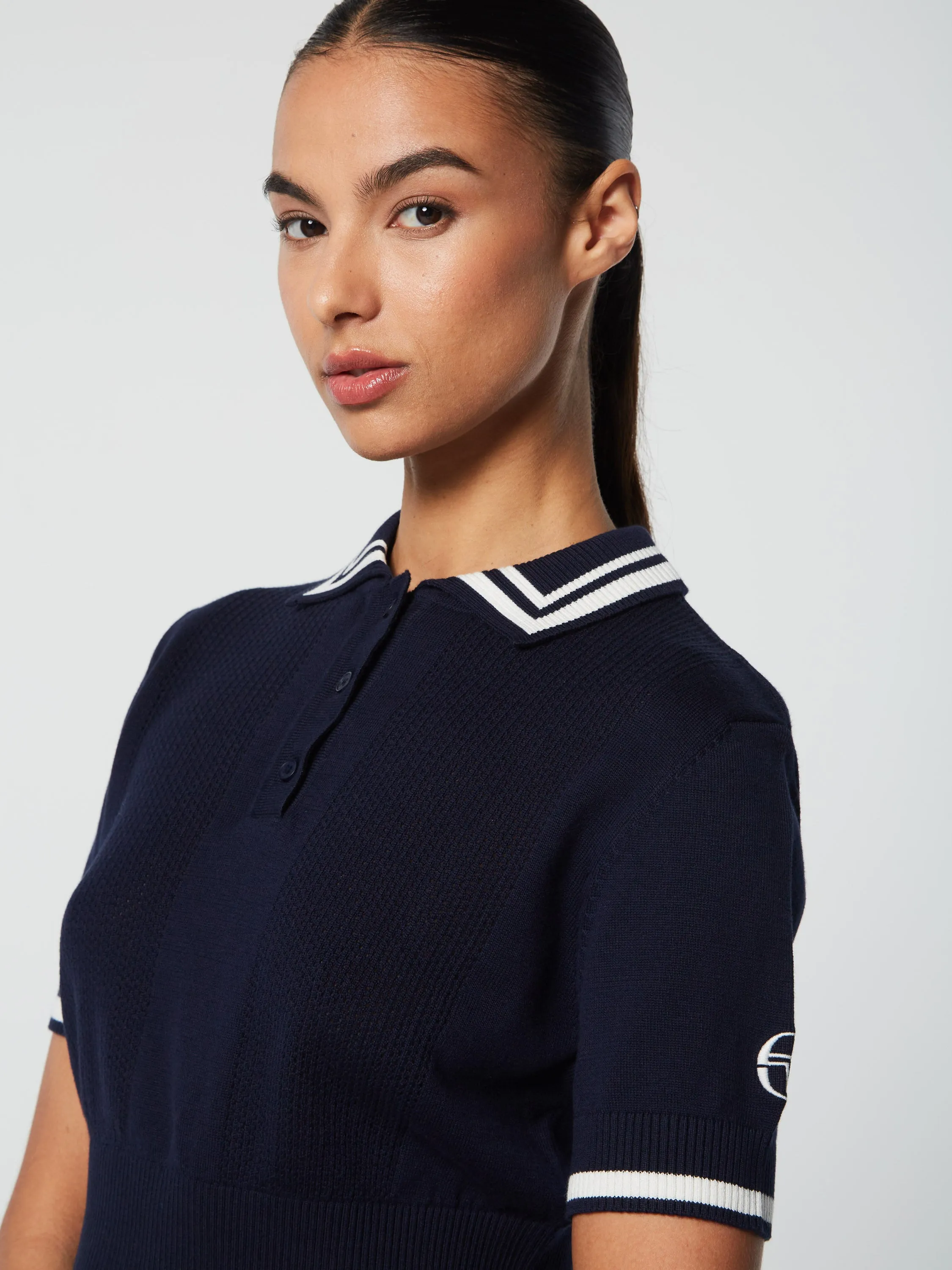 Perla Knit Cropped Polo- Maritime Blue