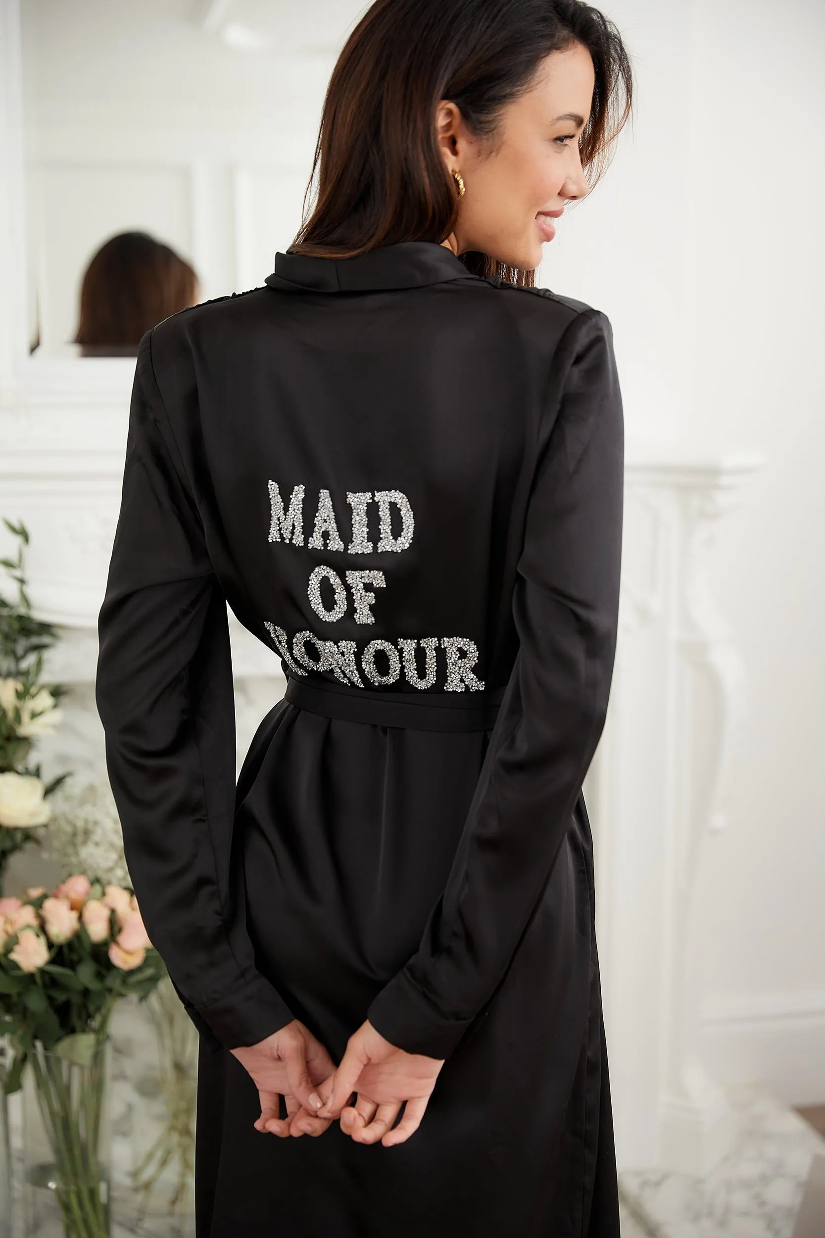 Personalised Bridal Luxury Satin Long Robe With Letter Embellishment - Black