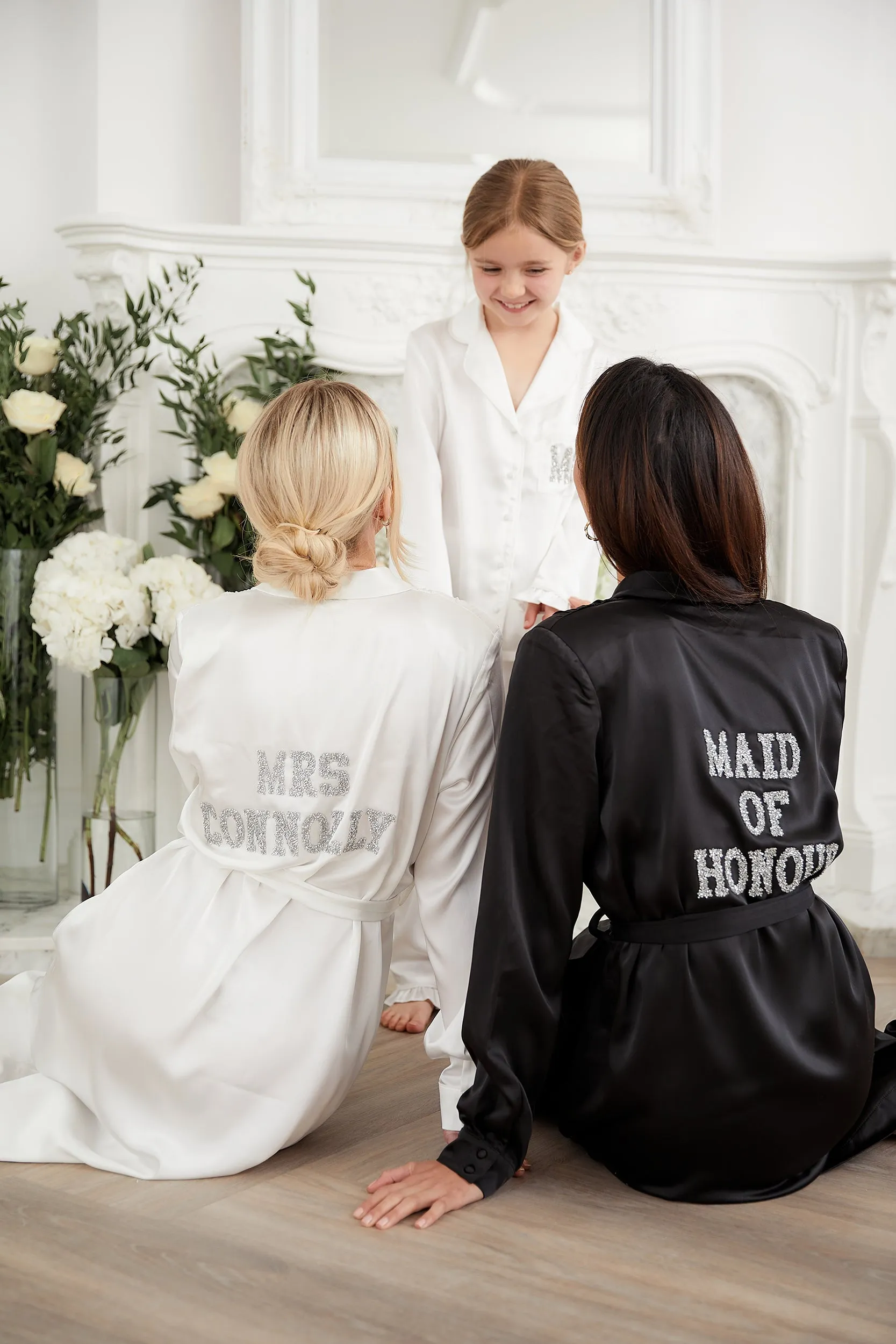 Personalised Bridal Luxury Satin Long Robe With Letter Embellishment - Black