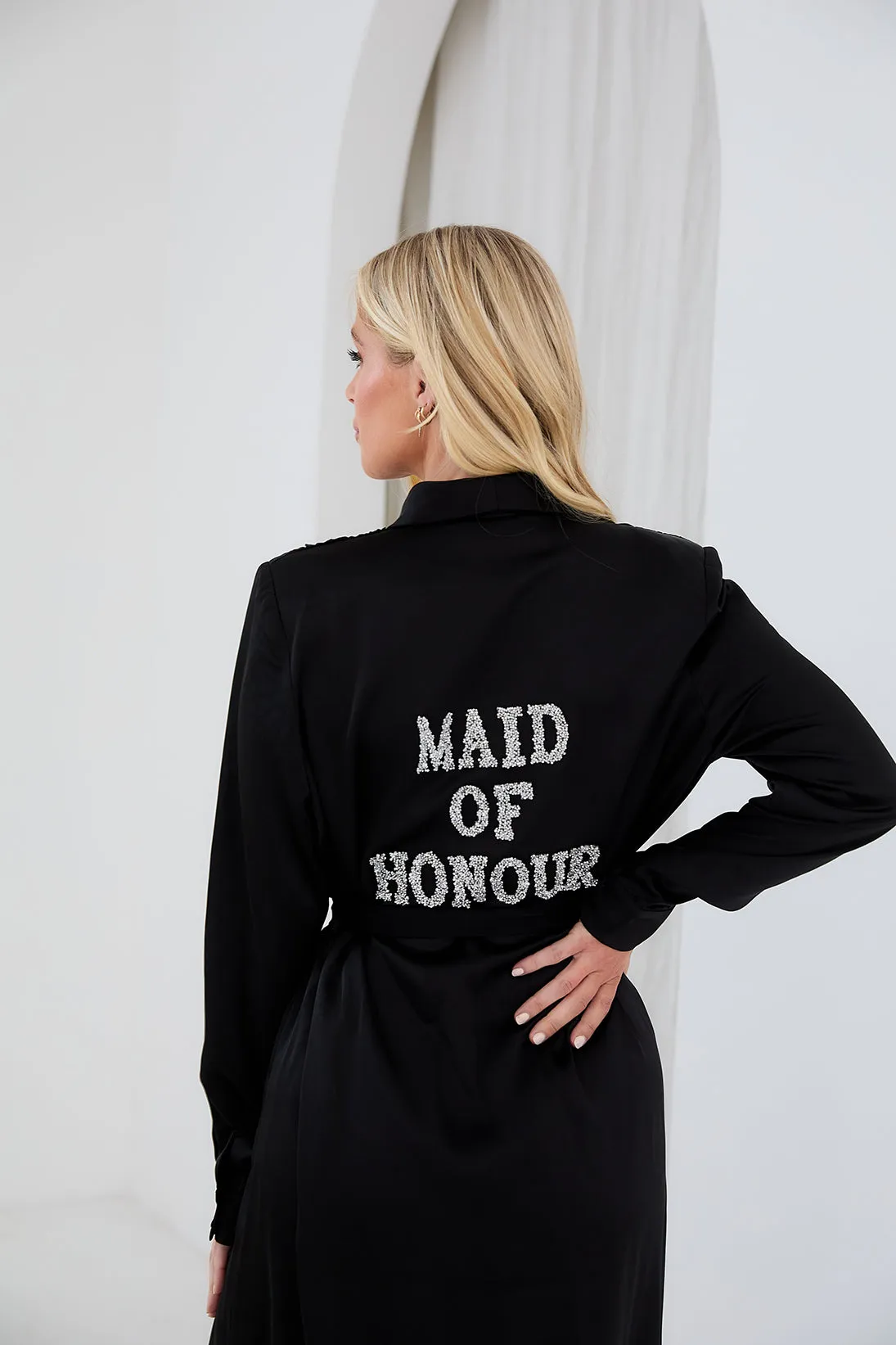 Personalised Bridal Luxury Satin Long Robe With Letter Embellishment - Black