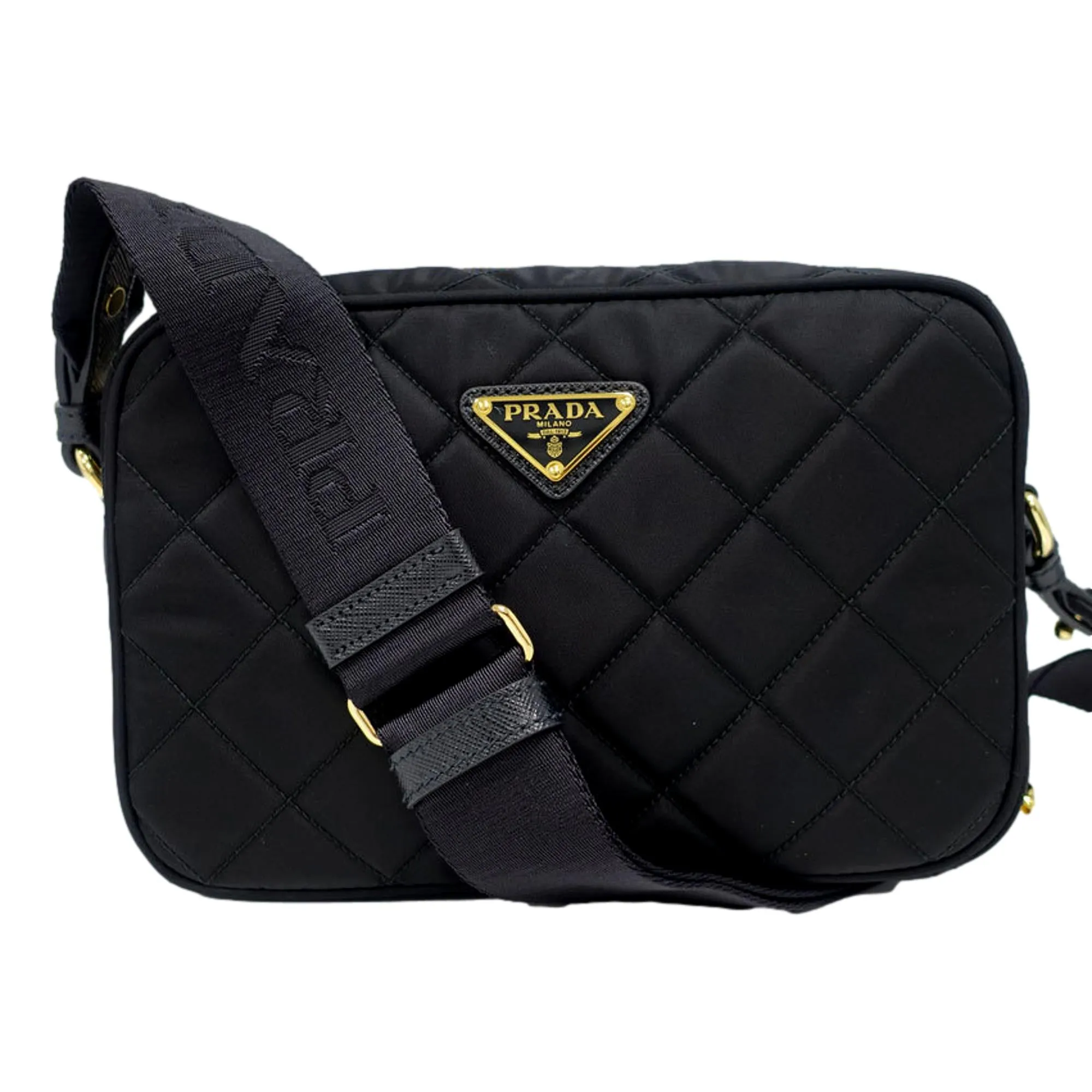 Prada Tessuto Black Quilted Nylon Triangle Logo Camera Crossbody Bag