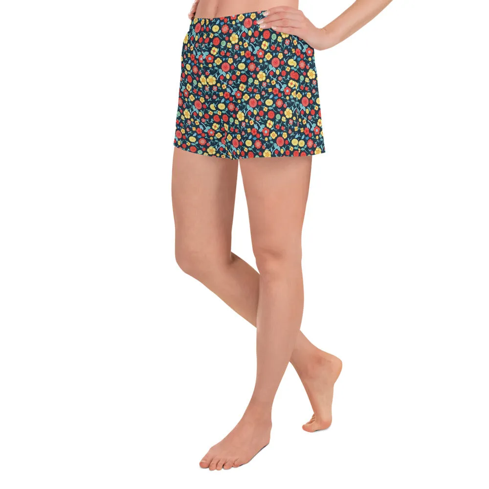 Spring Floral Teal Athletic Short Shorts for women, Mesh side pockets