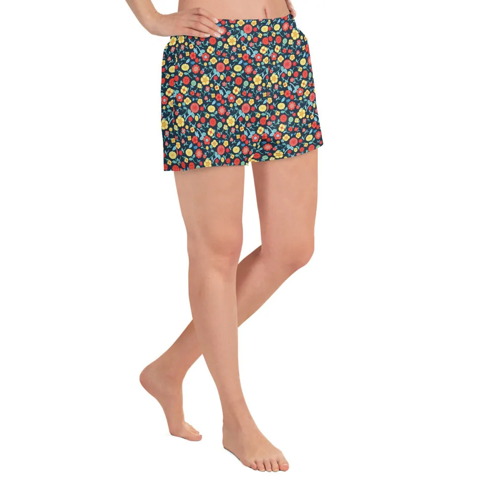 Spring Floral Teal Athletic Short Shorts for women, Mesh side pockets