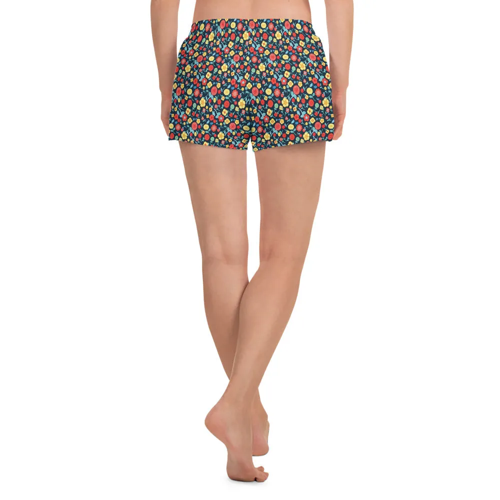 Spring Floral Teal Athletic Short Shorts for women, Mesh side pockets