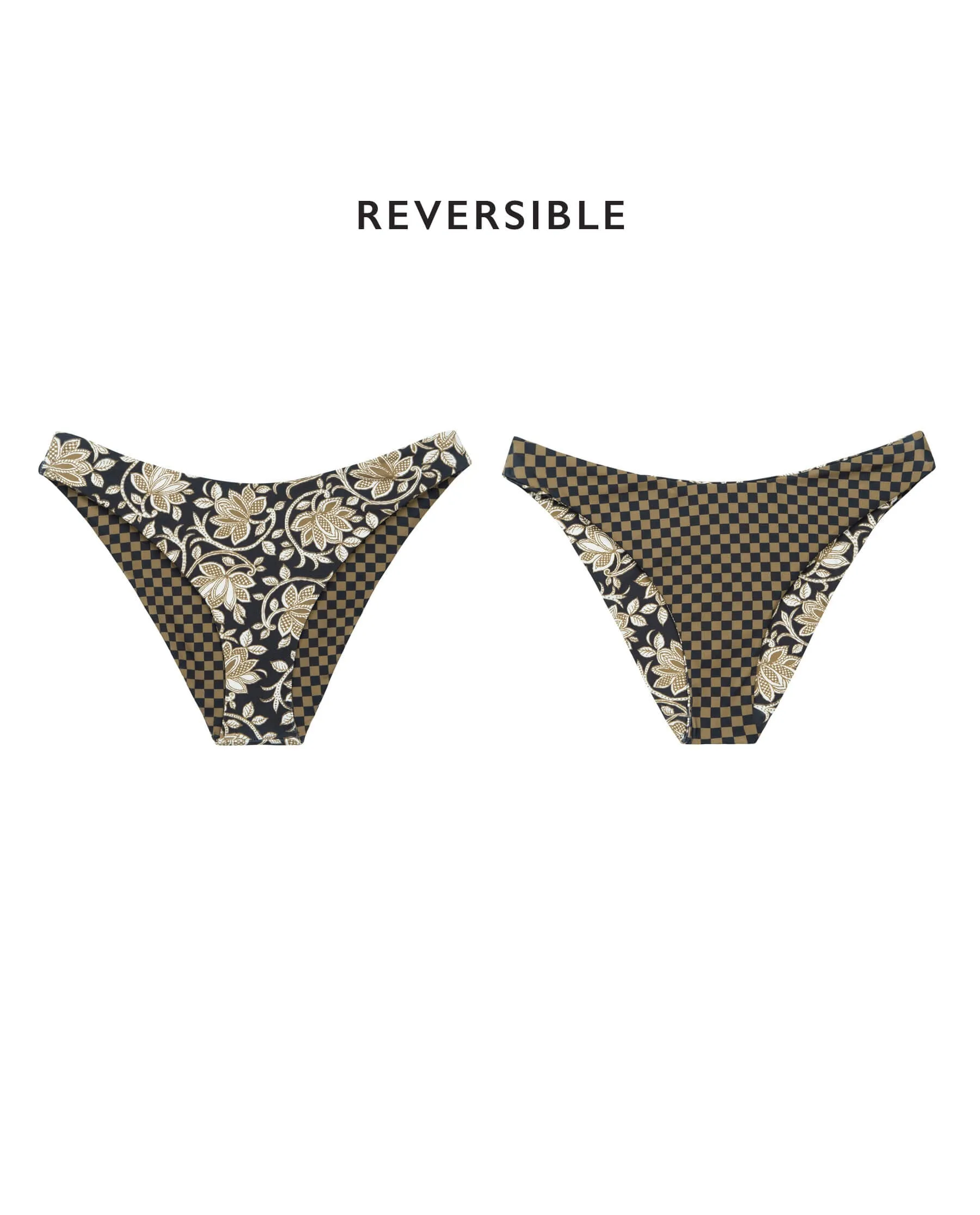 The Reversible Cheeky Brief. -- Black Oasis Floral and Bronze Check