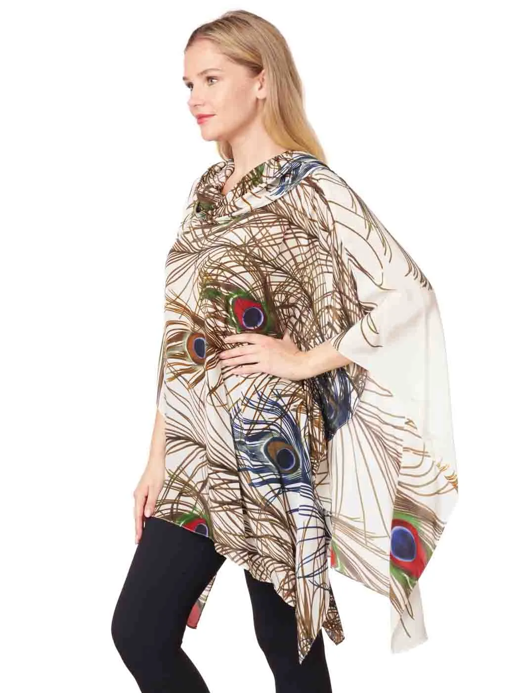 Tianello "Very Peacock" Printed Washable Silk "Brielle" Cowl Neck Kaftan