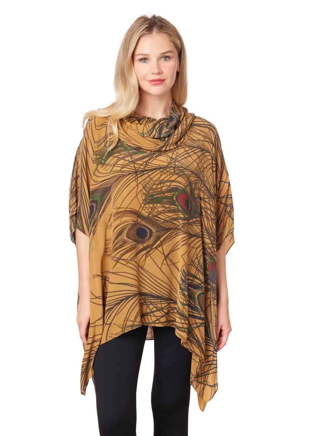 Tianello "Very Peacock" Printed Washable Silk "Brielle" Cowl Neck Kaftan