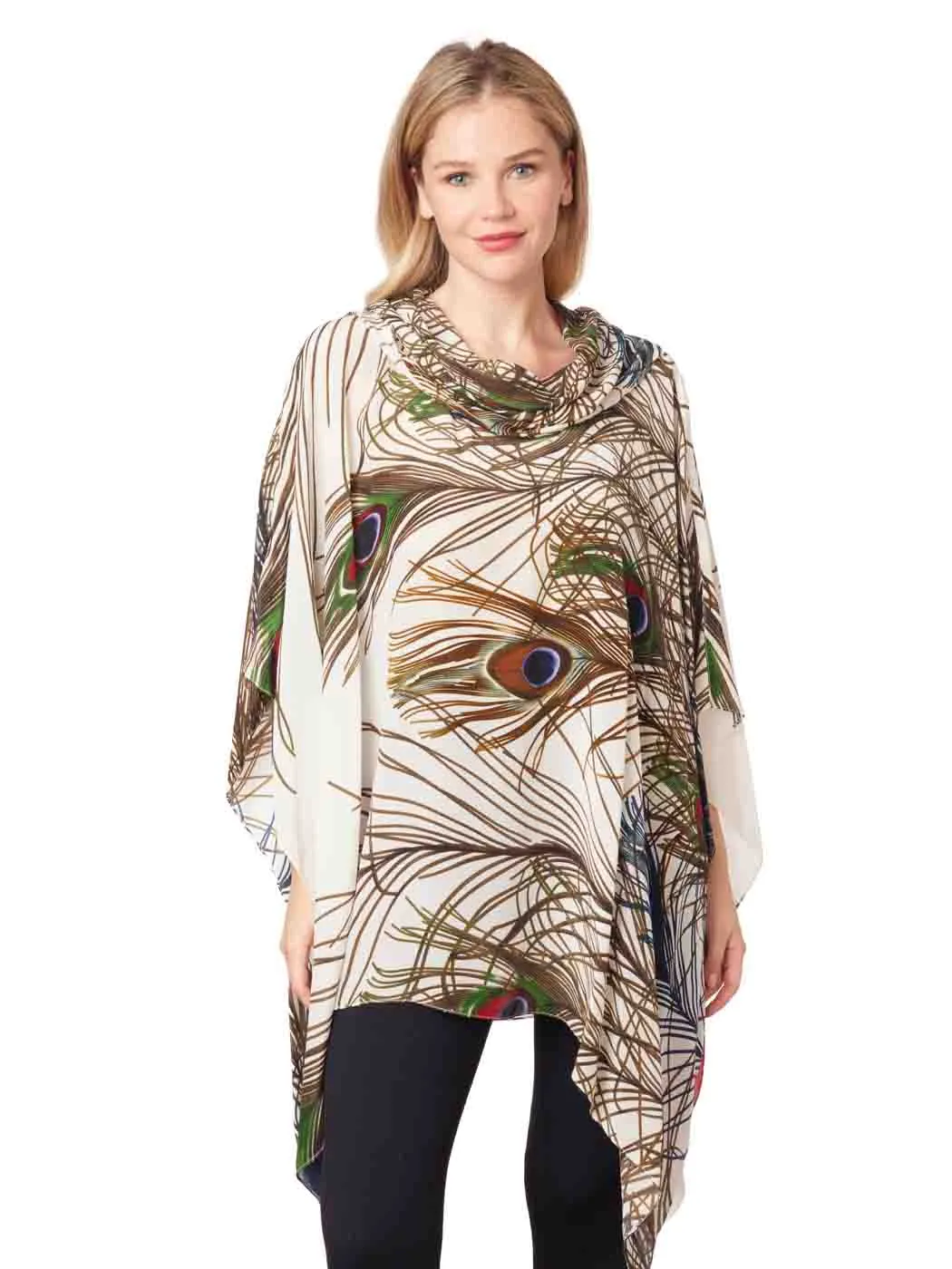 Tianello "Very Peacock" Printed Washable Silk "Brielle" Cowl Neck Kaftan