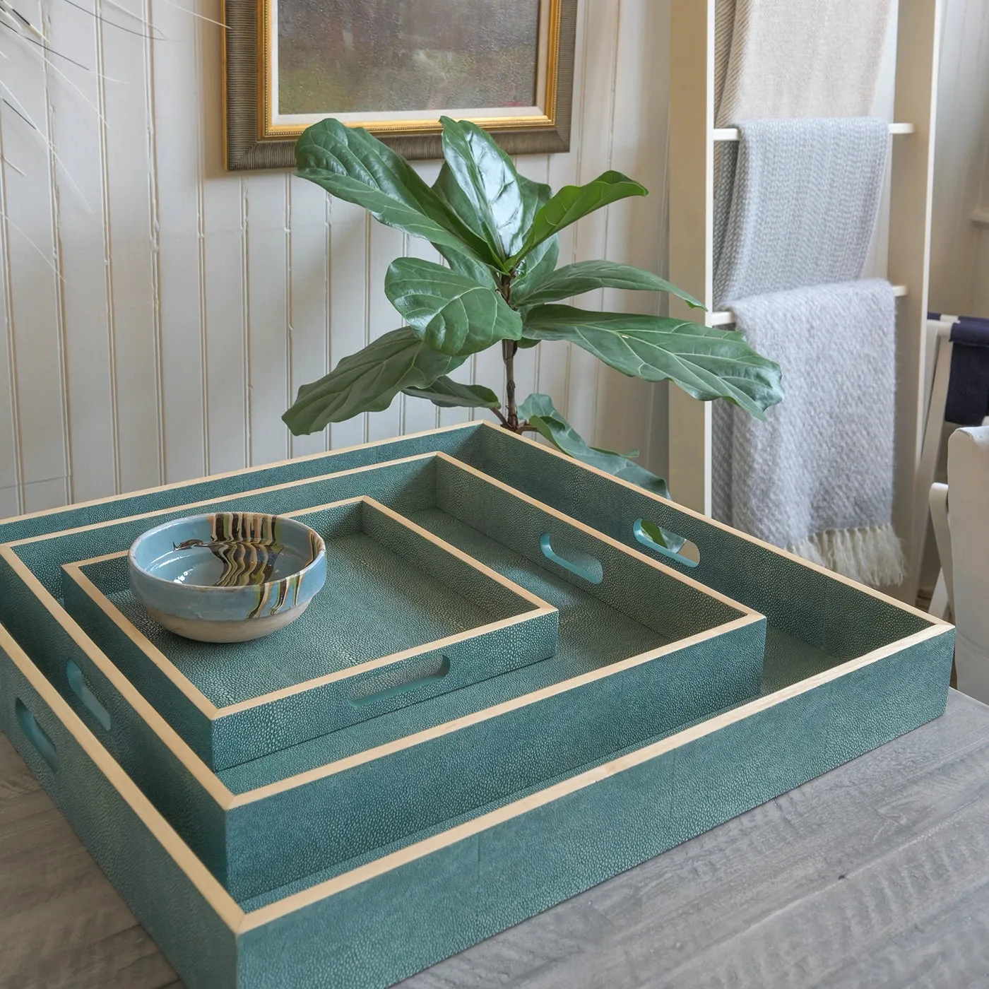 Turquoise Faux Shagreen Trays