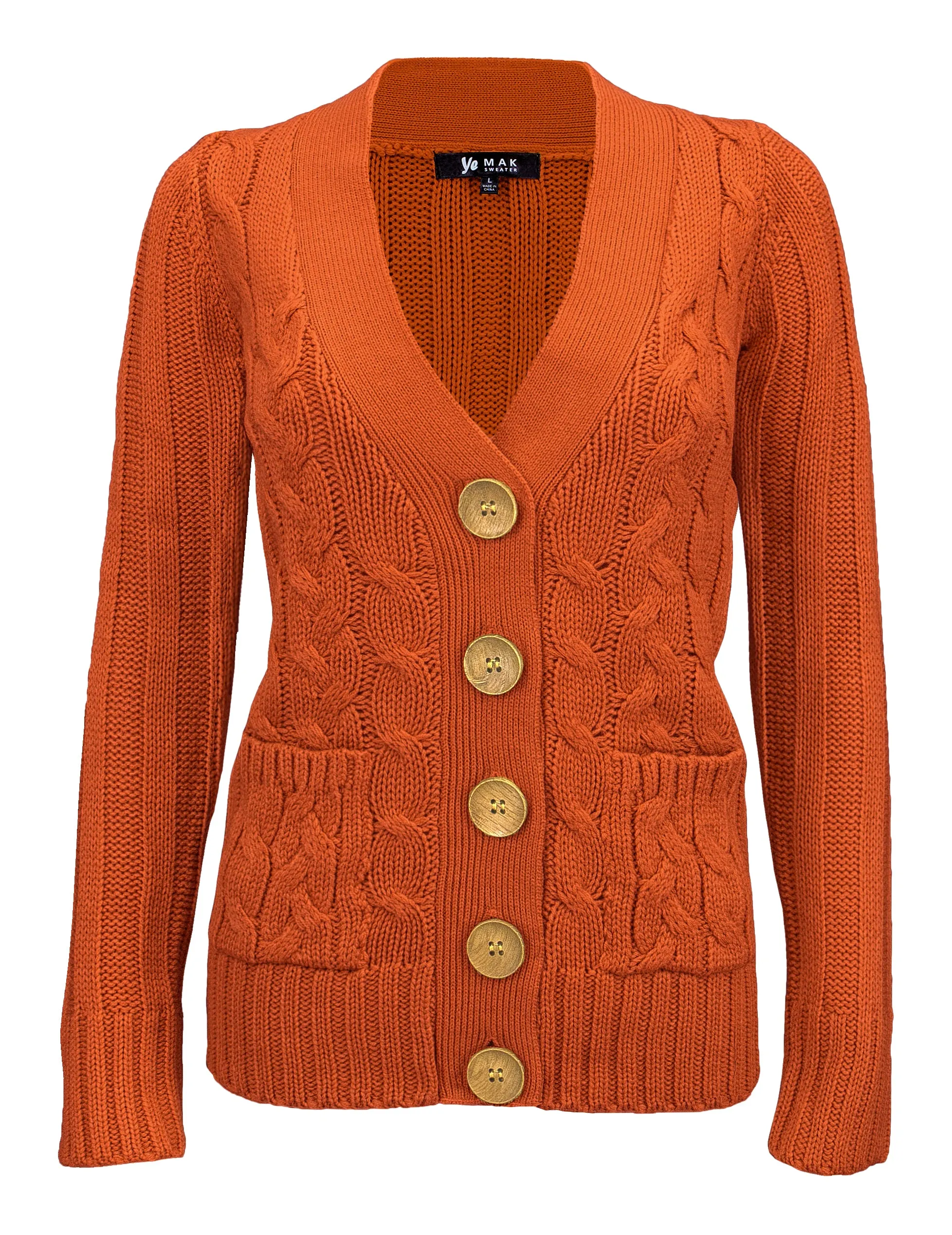 Women's Casual Long Sleeve Button Down Cable Knit Cardigan Sweater with Two Pockets HB3134