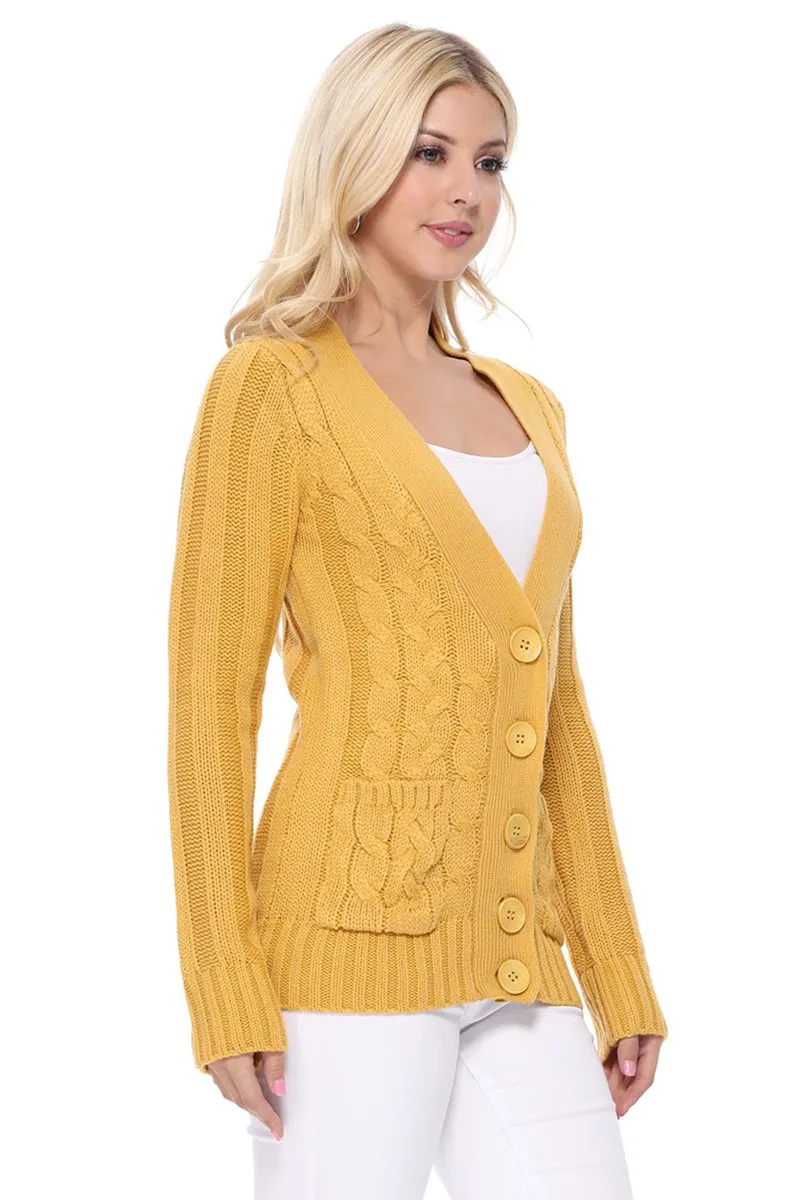 Women's Casual Long Sleeve Button Down Cable Knit Cardigan Sweater with Two Pockets HB3134